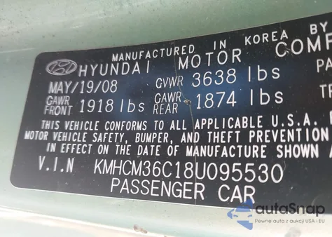 2008 Hyundai Accent Gs из США, поврежденный, VIN KMHCM36C18U095530